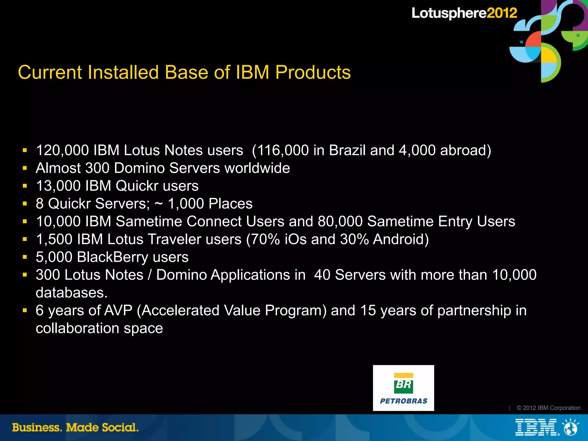 Current Installed Base of IBM Products


■   120,000 IBM Lotus Notes users (116,000 in Brazil and 4,000 abroad)
■   Almost 300 Domino Servers worldwide
■   13,000 IBM Quickr users
■   8 Quickr Servers; ~ 1,000 Places
■   10,000 IBM Sametime Connect Users and 80,000 Sametime Entry Users
■   1,500 IBM Lotus Traveler users (70% iOs and 30% Android)
■   5,000 BlackBerry users
■   300 Lotus Notes / Domino Applications in 40 Servers with more than 10,000
    databases.
■   6 years of AVP (Accelerated Value Program) and 15 years of partnership in
    collaboration space




                                                                        |   © 2012 IBM Corporation
 