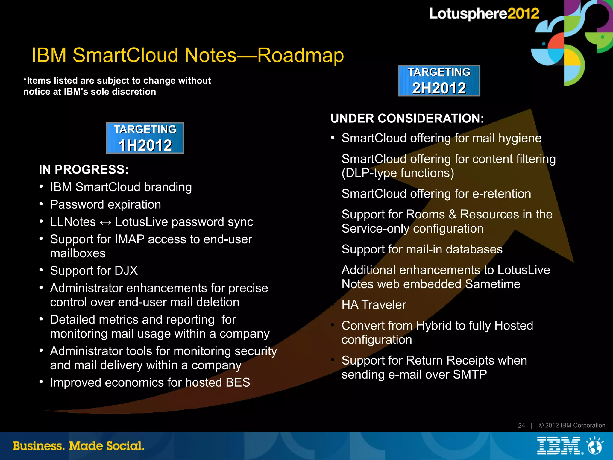 IBM SmartCloud Notes—Roadmap
                                                                     TARGETING
*Items listed are subject to change without
notice at IBM's sole discretion                                      2H2012
                                                   UNDER CONSIDERATION:
                    TARGETING
                                                   ●
                                                       SmartCloud offering for mail hygiene
                     1H2012
                                                   ●
                                                       SmartCloud offering for content filtering
   IN PROGRESS:                                        (DLP-type functions)
   ●
     IBM SmartCloud branding                       ●
                                                       SmartCloud offering for e-retention
   ●
     Password expiration
                                                   ●
                                                       Support for Rooms & Resources in the
   ●
     LLNotes ↔ LotusLive password sync
                                                       Service-only configuration
   ●
     Support for IMAP access to end-user
     mailboxes
                                                   ●
                                                       Support for mail-in databases
   ●
     Support for DJX                               ●
                                                       Additional enhancements to LotusLive
   ●
     Administrator enhancements for precise            Notes web embedded Sametime
     control over end-user mail deletion           ●
                                                       HA Traveler
   ●
     Detailed metrics and reporting for            ●
                                                       Convert from Hybrid to fully Hosted
     monitoring mail usage within a company            configuration
   ●
     Administrator tools for monitoring security
     and mail delivery within a company
                                                   ●
                                                       Support for Return Receipts when
                                                       sending e-mail over SMTP
   ●
     Improved economics for hosted BES


                                                                                        24 |   © 2012 IBM Corporation
 