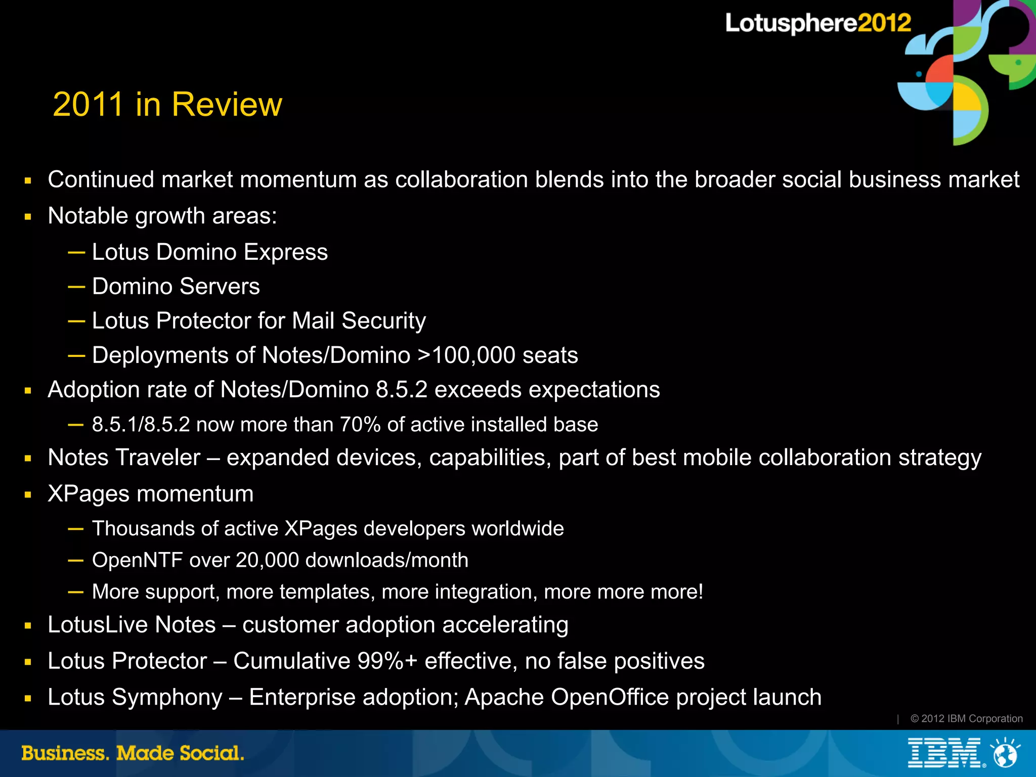 2011 in Review
■   Continued market momentum as collaboration blends into the broader social business market
■   Notable growth areas:
     ─ Lotus Domino Express
     ─ Domino Servers
     ─ Lotus Protector for Mail Security
     ─ Deployments of Notes/Domino >100,000 seats
■   Adoption rate of Notes/Domino 8.5.2 exceeds expectations
      ─ 8.5.1/8.5.2 now more than 70% of active installed base
■   Notes Traveler – expanded devices, capabilities, part of best mobile collaboration strategy
■   XPages momentum
      ─ Thousands of active XPages developers worldwide
      ─ OpenNTF over 20,000 downloads/month
      ─ More support, more templates, more integration, more more more!
■   LotusLive Notes – customer adoption accelerating
■   Lotus Protector – Cumulative 99%+ effective, no false positives
■   Lotus Symphony – Enterprise adoption; Apache OpenOffice project launch
                                                                                      |   © 2012 IBM Corporation
 