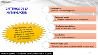 11
Ackoff (1973) y Miller y Salkind (2002), citados por Hernández et. al. (2014).
CRITERIOS DE LA
INVESTIGACIÓN
Conveniencia.
¿Para qué sirve la investigación?
Relevancia social.
¿Quiénes se beneficiarán con la investigación?
Implicaciones prácticas.
¿Qué problema solucionará?
Valor teórico.
¿Cuál es su aporte teórico?
Utilidad metodológica.
¿Contribuye con nuevas formas de estudiar el mismo tema?
 