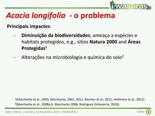 Acacia longifolia - o problema 
Principais impactes: 
- Diminuição da biodiversidades; ameaça a espécies e 
habitats protegidos, e.g., sítios Natura 2000 and Áreas 
Protegidas1 
- Alterações na microbiologia e química do solo2 
1(Marchante et al., 2003, Marchante, 2001, 2011, Rascher et al., 2011, Hellmann et al., 2011) 
2(Marchante et al., 2008a,b, Marchante 2008, Rodríguez-Echeverría, 2010): 
ESAC| IPAmb. | Coimbra, 18 Novembro 2014 | INVADER-B | 10/40 
 