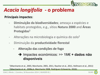 Acacia longifolia - o problema 
Principais impactes: 
- Diminuição da biodiversidades; ameaça a espécies e 
habitats protegidos, e.g., sítios Natura 2000 and Áreas 
Protegidas1 
- Alterações na microbiologia e química do solo2 
- Diminuição da productividade florestal 
- Alteração das condições de fogo 
 Impactes económicos: >> 1M€ + dados não 
disponíveis 
1(Marchante et al., 2003, Marchante, 2001, 2011, Rascher et al., 2011, Hellmann et al., 2011) 
2(Marchante et al., 2008a,b, Marchante 2008, Rodríguez-Echeverría, 2010): 
ESAC| IPAmb. | Coimbra, 18 Novembro 2014 | INVADER-B | 16/40 
 