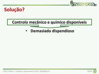 Solução? 
Controlo mecânico e químico disponíveis 
• Demasiado dispendioso 
ESAC| IPAmb. | Coimbra, 18 Novembro 2014 | INVADER-B | 20/40 
 