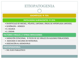 ETIOPATOGENIA
IDIOPÁTICOS  75%
PATOLOGÍAS SUBYACENTES  25%
• DIVERTICULO DE MECKEL, PÓLIPOS, LINFOMA ( ÁREAS DE HIPERPLASIA LINFOIDE)
• SCHÖNLEIN – HENOCH
• E. CELIACA
• E. CROHN
FACTORES VIRALES // OTRAS INFECCIONES
• VARIACIÓN ESTACIONAL  PICOS DE GE VIRALES EN ALGUNAS POBLACIONES.
• ASOCIADO A VACUNAS DE ROTAVIRUS.
• ASOCIACIÓN AL ADENOVIRUS
POSTOPERATORIA:
• DD: ILEO PARALÍTICO
 