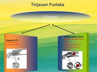 Tinjauan Pustaka
Leading point ( 10 % )
Meckel’s diverticulum.
Polyp.
Enterogeneous cyst.
Ectopic pancreas.
Purpura
Idiopatik (90%)
edema mucosa
hypertropic payeri
Etiologi
 