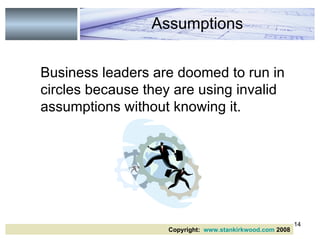 Business leaders are doomed to run in circles because they are using invalid assumptions without knowing it.  Assumptions Copyright:  www.stankirkwood.com  2008 