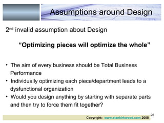 2 nd  invalid assumption about Design “ Optimizing pieces will optimize the whole” The aim of every business should be Total Business Performance Individually optimizing each piece/department leads to a dysfunctional organization Would you design anything by starting with separate parts and then try to force them fit together? Assumptions around Design Copyright:  www.stankirkwood.com  2008 