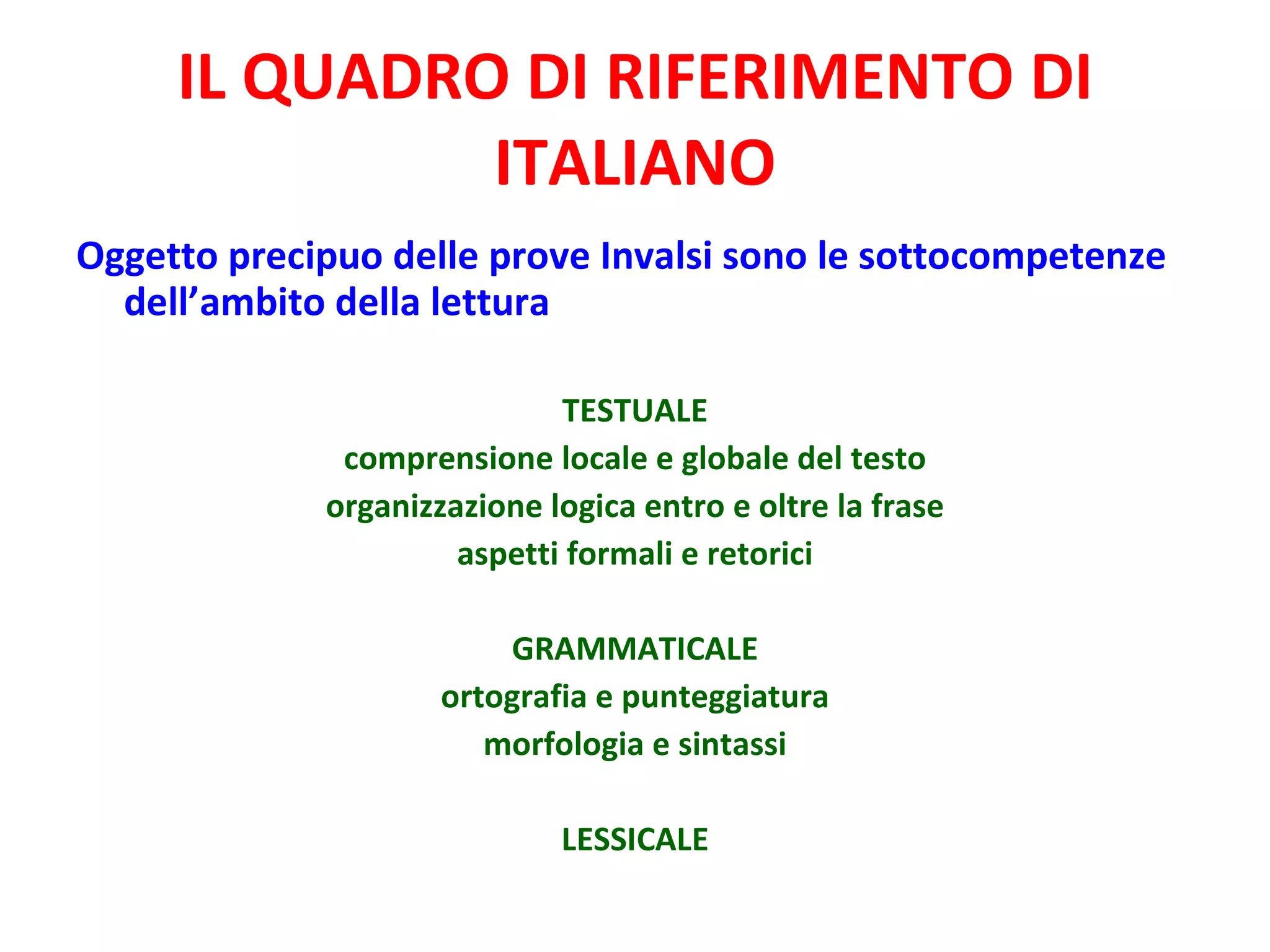 IL QUADRO DI RIFERIMENTO DI ITALIANO Oggetto precipuo delle prove Invalsi sono le sottocompetenze dell’ambito della lettura TESTUALE comprensione locale e globale del testo organizzazione logica entro e oltre la frase aspetti formali e retorici GRAMMATICALE ortografia e punteggiatura morfologia e sintassi LESSICALE 