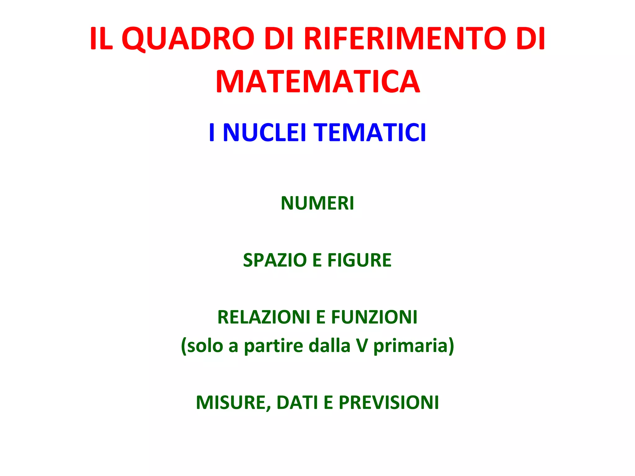 IL QUADRO DI RIFERIMENTO DI MATEMATICA I NUCLEI TEMATICI NUMERI SPAZIO E FIGURE RELAZIONI E FUNZIONI (solo a partire dalla V primaria) MISURE, DATI E PREVISIONI 