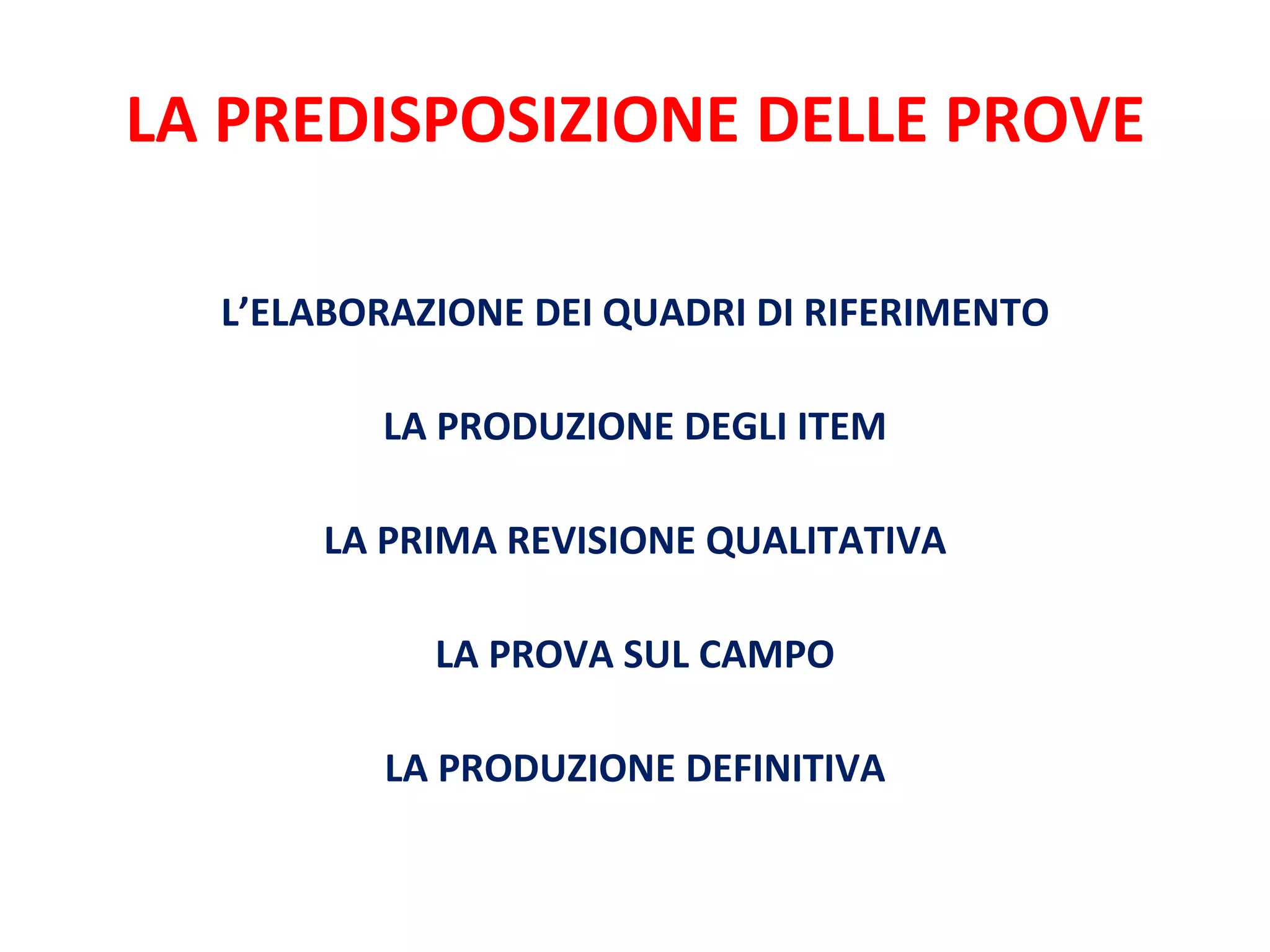 LA PREDISPOSIZIONE DELLE PROVE L’ELABORAZIONE DEI QUADRI DI RIFERIMENTO LA PRODUZIONE DEGLI ITEM LA PRIMA REVISIONE QUALITATIVA LA PROVA SUL CAMPO LA PRODUZIONE DEFINITIVA 