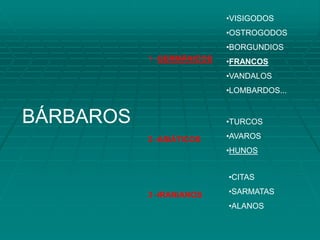 •VISIGODOS
                           •OSTROGODOS
                           •BORGUNDIOS
           1 -GERMÂNICOS   •FRANCOS
                           •VANDALOS
                           •LOMBARDOS...


BÁRBAROS                   •TURCOS

           2 -ASIÁTICOS    •AVAROS
                           •HUNOS


                           •CITAS

           3 -IRANIANOS    •SARMATAS
                           •ALANOS
 