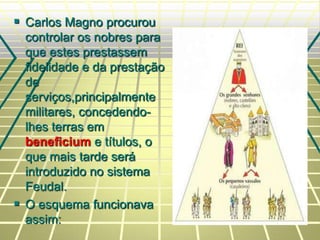  Carlos Magno procurou
controlar os nobres para
que estes prestassem
fidelidade e da prestação
de
serviços,principalmente
militares, concedendo-
lhes terras em
beneficium e títulos, o
que mais tarde será
introduzido no sistema
Feudal.
 O esquema funcionava
assim:
 