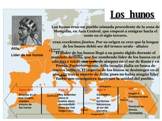 Los hunos Los hunos eran un pueblo nómada procedente de la zona de Mongolia, en Asia Central, que empezó a emigrar hacia el oeste en el siglo tercero. eran excelentes jinetes. Por su origen se cree que la lengua de los hunos debió ser del tronco uralo - altaico El poder de los hunos llegó a su punto álgido durante el mandato de Atila, que fue nombrado líder de los hunos en el año 433 e inició una serie de ataques en el sur de Rusia y en Persia. Posteriormente, Atila invadió Italia en busca de nuevos botines. El imperio de los hunos se desintegró en el año 453 tras la muerte de Atila, pues no había ningún líder fuerte que consiguiera mantener la unidad del pueblo.  Siglos III-IV Sequías en el mar Caspio, impiden avance de los hunos Siglo IV Rey Balamber ataca al pueblo alano derrotándolo entre los ríos Volga y Don Siglo V Instalados en territorios balcánicos, al sur del Danubio 443 Llegan a Constantinopla 448 Penetran en Grecia, Termópilas Atila.  Líder de los hunos 