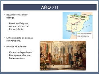 AÑO 711
• Revuelta contra el rey
Rodrigo
- Fue el rey Visigodo.
- Ascenso al trono de
forma violenta.
• Enfrentamiento en persona
con Pamplona.
• Invasión Musulmana:
- Control de la península/
Enemigos se alían con
los Musulmanes.
 
