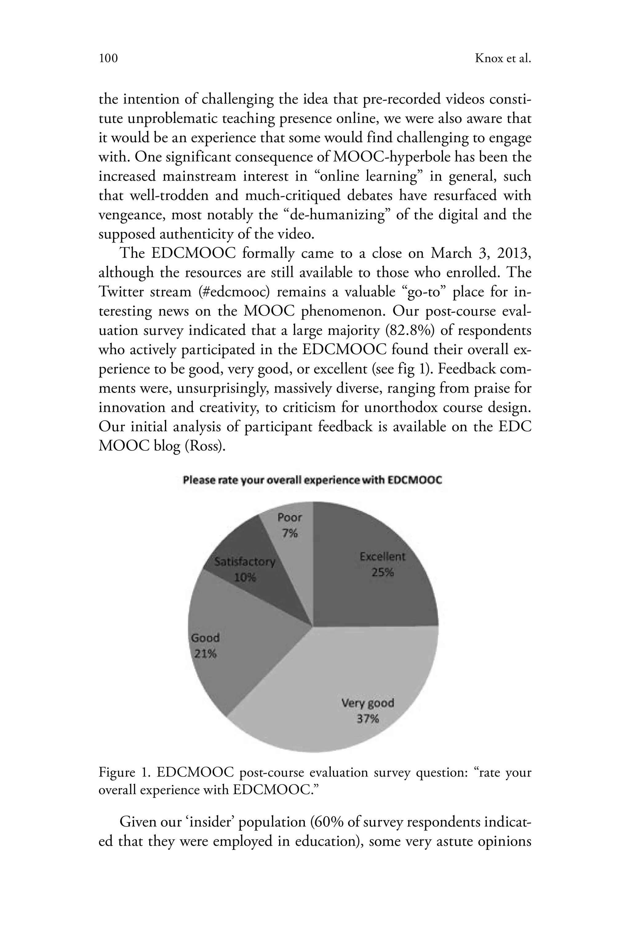 100 Knox et al.
the intention of challenging the idea that pre-recorded videos consti-
tute unproblematic teaching presence online, we were also aware that
it would be an experience that some would find challenging to engage
with. One significant consequence of MOOC-hyperbole has been the
increased mainstream interest in “online learning” in general, such
that well-trodden and much-critiqued debates have resurfaced with
vengeance, most notably the “de-humanizing” of the digital and the
supposed authenticity of the video.
The EDCMOOC formally came to a close on March 3, 2013,
although the resources are still available to those who enrolled. The
Twitter stream (#edcmooc) remains a valuable “go-to” place for in-
teresting news on the MOOC phenomenon. Our post-course eval-
uation survey indicated that a large majority (82.8%) of respondents
who actively participated in the EDCMOOC found their overall ex-
perience to be good, very good, or excellent (see fig 1). Feedback com-
ments were, unsurprisingly, massively diverse, ranging from praise for
innovation and creativity, to criticism for unorthodox course design.
Our initial analysis of participant feedback is available on the EDC
MOOC blog (Ross).
Figure 1. EDCMOOC post-course evaluation survey question: “rate your
overall experience with EDCMOOC.”
Given our ‘insider’ population (60% of survey respondents indicat-
ed that they were employed in education), some very astute opinions
 