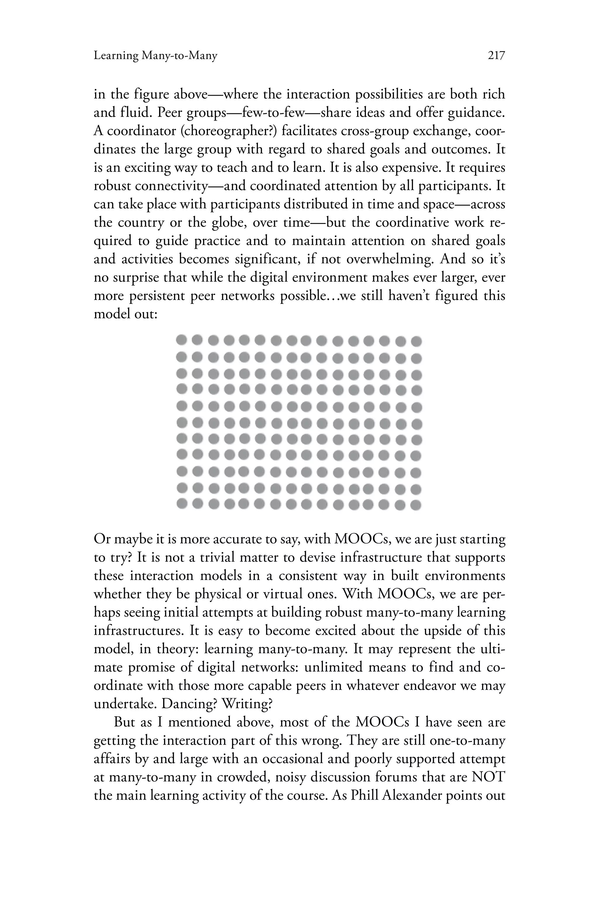 217Learning Many-to-Many
in the figure above—where the interaction possibilities are both rich
and fluid. Peer groups—few-to-few—share ideas and offer guidance.
A coordinator (choreographer?) facilitates cross-group exchange, coor-
dinates the large group with regard to shared goals and outcomes. It
is an exciting way to teach and to learn. It is also expensive. It requires
robust connectivity—and coordinated attention by all participants. It
can take place with participants distributed in time and space—across
the country or the globe, over time—but the coordinative work re-
quired to guide practice and to maintain attention on shared goals
and activities becomes significant, if not overwhelming. And so it’s
no surprise that while the digital environment makes ever larger, ever
more persistent peer networks possible…we still haven’t figured this
model out:
Or maybe it is more accurate to say, with MOOCs, we are just starting
to try? It is not a trivial matter to devise infrastructure that supports
these interaction models in a consistent way in built environments
whether they be physical or virtual ones. With MOOCs, we are per-
haps seeing initial attempts at building robust many-to-many learning
infrastructures. It is easy to become excited about the upside of this
model, in theory: learning many-to-many. It may represent the ulti-
mate promise of digital networks: unlimited means to find and co-
ordinate with those more capable peers in whatever endeavor we may
undertake. Dancing? Writing?
But as I mentioned above, most of the MOOCs I have seen are
getting the interaction part of this wrong. They are still one-to-many
affairs by and large with an occasional and poorly supported attempt
at many-to-many in crowded, noisy discussion forums that are NOT
the main learning activity of the course. As Phill Alexander points out
 