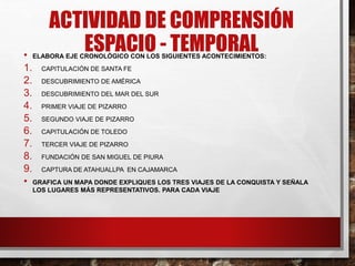 ACTIVIDAD DE COMPRENSIÓN
ESPACIO - TEMPORAL• ELABORA EJE CRONOLÓGICO CON LOS SIGUIENTES ACONTECIMIENTOS:
1. CAPITULACIÓN DE SANTA FE
2. DESCUBRIMIENTO DE AMÉRICA
3. DESCUBRIMIENTO DEL MAR DEL SUR
4. PRIMER VIAJE DE PIZARRO
5. SEGUNDO VIAJE DE PIZARRO
6. CAPITULACIÓN DE TOLEDO
7. TERCER VIAJE DE PIZARRO
8. FUNDACIÓN DE SAN MIGUEL DE PIURA
9. CAPTURA DE ATAHUALLPA EN CAJAMARCA
• GRAFICA UN MAPA DONDE EXPLIQUES LOS TRES VIAJES DE LA CONQUISTA Y SEÑALA
LOS LUGARES MÁS REPRESENTATIVOS. PARA CADA VIAJE
 