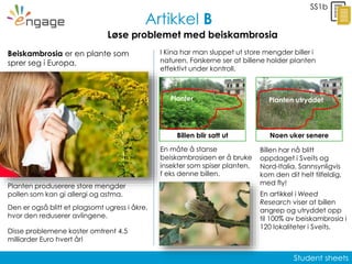 Student sheets
En måte å stanse
beiskambrosiaen er å bruke
insekter som spiser planten,
f eks denne billen.
Artikkel B
SS1b
Løse problemet med beiskambrosia
Planter
Billen blir satt ut
Planten utryddet
Noen uker senere
Beiskambrosia er en plante som
sprer seg i Europa.
Den er også blitt et plagsomt ugress i åkre,
hvor den reduserer avlingene.
I Kina har man sluppet ut store mengder biller i
naturen. Forskerne ser at billene holder planten
effektivt under kontroll.
Billen har nå blitt
oppdaget i Sveits og
Nord-Italia. Sannsynligvis
kom den dit helt tilfeldig,
med fly!
En artikkel i Weed
Research viser at billen
angrep og utryddet opp
til 100% av beiskambrosia i
120 lokaliteter i Sveits.
Planten produserere store mengder
pollen som kan gi allergi og astma.
Disse problemene koster omtrent 4.5
milliarder Euro hvert år!
 