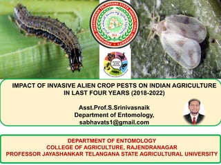 DEPARTMENT OF ENTOMOLOGY
COLLEGE OF AGRICULTURE, RAJENDRANAGAR
PROFESSOR JAYASHANKAR TELANGANA STATE AGRICULTURAL UNIVERSITY
IMPACT OF INVASIVE ALIEN CROP PESTS ON INDIAN AGRICULTURE
IN LAST FOUR YEARS (2018-2022)
Asst.Prof.S.Srinivasnaik
Department of Entomology,
sabhavats1@gmail.com
 