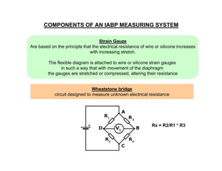 COMPONENTS OF AN IABP MEASURING SYSTEM
Strain Gauze
Are based on the principle that the electrical resistance of wire or silicone increases
with increasing stretch.
The flexible diagram is attached to wire or silicone strain gauges
in such a way that with movement of the diaphragm
the gauges are stretched or compressed, altering their resistance

Wheatstone bridge
circuit designed to measure unknown electrical resistance

Rx = R2/R1 * R3

 
