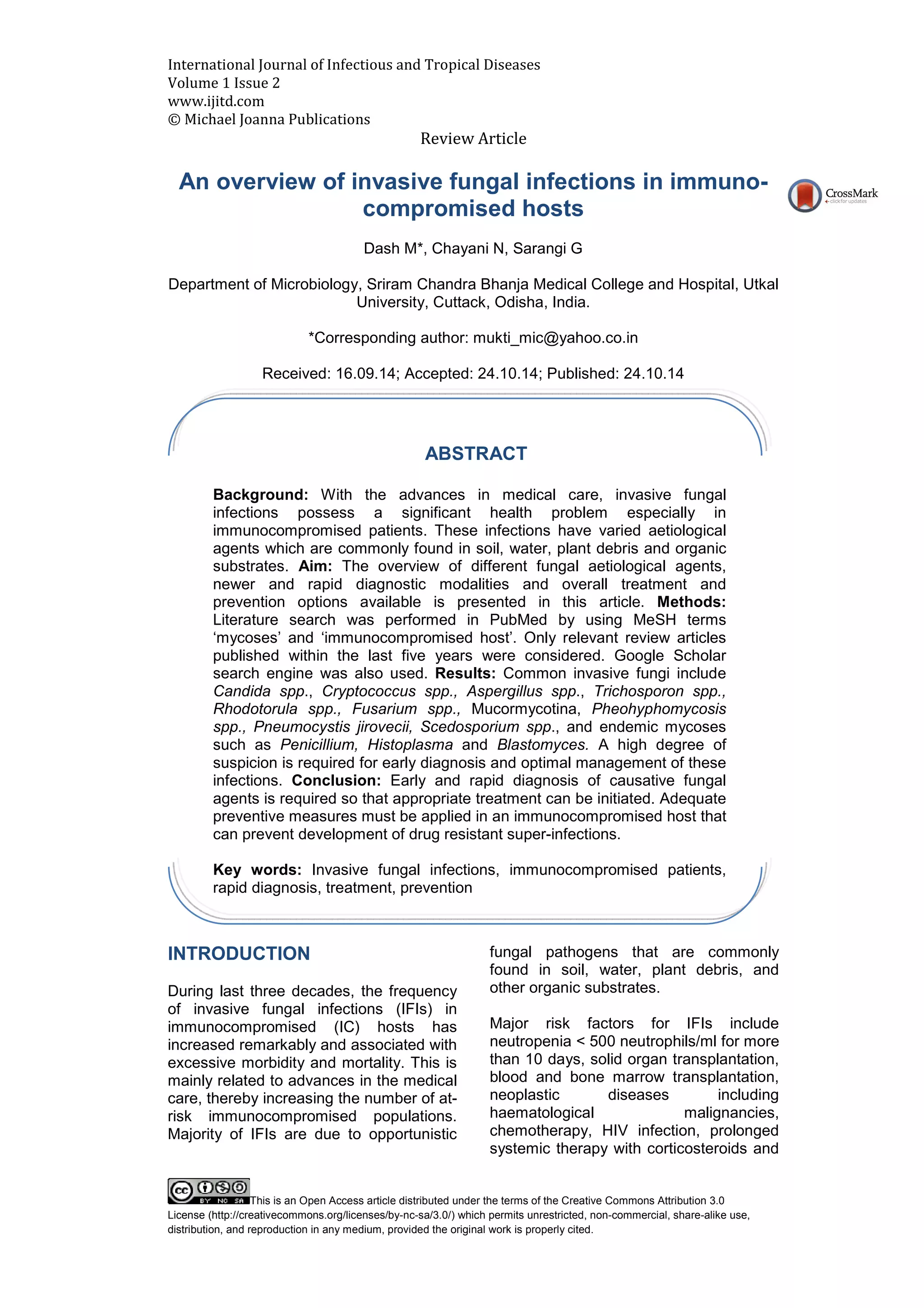 An overview of Invasive fungal infections in immunocompromised hosts | PDF