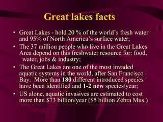 Great lakes facts   Great Lakes  -  hold 20 % of the world’s fresh water and 95 %  of North America’s surface water;  The 37 million people who live in the Great Lakes Area depend on this freshwater resource for: food,  water, jobs & industry; The Great Lakes are one of the most invaded aquatic systems in the world, after San Francisco Bay.  More than  180  different introduced species have been identified and  1-2 new  species/year; US alone, aquatic invasives are estimated to cost more than $73 billion/year ( $5 billion Zebra Mus.)  