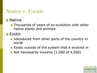 Native v. Exotic
 Native
 Thousands of years of co-evolution with other
native plants and animals
 Exotic
 Introduced from other parts of the country or
world
 Exists outside of the system that it evolved in
 Not necessarily invasive (1,000 of 4,000)
 