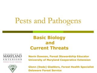 Pests and Pathogens
Nevin Dawson, Forest Stewardship Educator
University of Maryland Cooperative Extension
Glenn (Dode) Gladders, Forest Health Specialist
Delaware Forest Service
Basic Biology
and
Current Threats
 