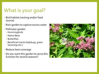 What is your goal?
• Bird habitat (nesting and/or food
source)
• Rain garden to capture excess water
• Pollinator garden
• Hummingbirds
• Native Bees
• Butterflies
• Beneficial insects (ladybugs, green
lacewings etc.)
• Reduce lawn coverage
• Do you want this garden to serve this
function for several seasons?
 