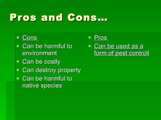 Pros and Cons… Cons  Can be harmful to environment Can be costly  Can destroy property Can be harmful to native species Pros  Can be used as a form of pest controll 