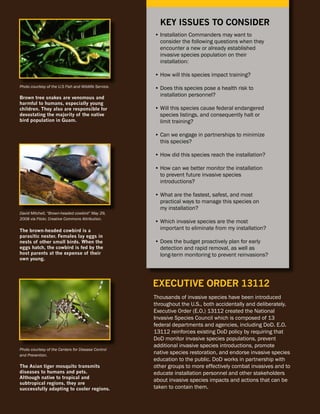 KEY ISSUES TO CONSIDER
                                                       • Installation Commanders may want to
                                                         consider the following questions when they
                                                         encounter a new or already established
                                                         invasive species population on their
                                                         installation:

                                                       • How will this species impact training?
Photo courtesy of the U.S Fish and Wildlife Service.   • Does this species pose a health risk to
Brown tree snakes are venomous and
                                                         installation personnel?
harmful to humans, especially young
children. They also are responsible for                • Will this species cause federal endangered
devastating the majority of the native                   species listings, and consequently halt or
bird population in Guam.                                 limit training?

                                                       • Can we engage in partnerships to minimize
                                                         this species?

                                                       • How did this species reach the installation?

                                                       • How can we better monitor the installation
                                                         to prevent future invasive species
                                                         introductions?

                                                       • What are the fastest, safest, and most
                                                         practical ways to manage this species on
                                                         my installation?
David Mitchell, “Brown-headed cowbird” May 29,
2008 via Flickr, Creative Commons Attribution.
                                                       • Which invasive species are the most
The brown-headed cowbird is a                            important to eliminate from my installation?
parasitic nester. Females lay eggs in
nests of other small birds. When the                   • Does the budget proactively plan for early
eggs hatch, the cowbird is fed by the                    detection and rapid removal, as well as
host parents at the expense of their                     long-term monitoring to prevent reinvasions?
own young.




                                                       EXECUTIVE ORDER 13112
                                                       Thousands of invasive species have been introduced
                                                       throughout the U.S., both accidentally and deliberately.
                                                       Executive Order (E.O.) 13112 created the National
                                                       Invasive Species Council which is composed of 13
                                                       federal departments and agencies, including DoD. E.O.
                                                       13112 reinforces existing DoD policy by requiring that
                                                       DoD monitor invasive species populations, prevent
                                                       additional invasive species introductions, promote
Photo courtesy of the Centers for Disease Control
and Prevention.
                                                       native species restoration, and endorse invasive species
                                                       education to the public. DoD works in partnership with
The Asian tiger mosquito transmits                     other groups to more effectively combat invasives and to
diseases to humans and pets.                           educate installation personnel and other stakeholders
Although native to tropical and
                                                       about invasive species impacts and actions that can be
subtropical regions, they are
successfully adapting to cooler regions.               taken to contain them.
 