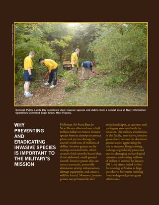 Photo courtesy of Steven Niethamer.




                                      National Public Lands Day volunteers clear invasive species and debris from a natural area at Navy Information
                                      Operations Command Sugar Grove, West Virginia.




                                      WHY                                  Holloman Air Force Base in              entire landscapes, as can pests and
                                                                           New Mexico allocated over a half        pathogens associated with the
                                      PREVENTING                           million dollars to remove invasive      invasives. On military installations
                                      AND                                  species from its airstrips to protect
                                                                           pilots and prevent damage to
                                                                                                                   in the Pacific, non-native, invasive
                                                                                                                   grasses have become the dominant
                                      ERADICATING                          aircraft worth tens of millions of      ground cover, aggravating fire
                                      INVASIVE SPECIES                     dollars. Invasive grasses on the
                                                                           airstrips attracted birds, which
                                                                                                                   risk to weapons firing training,
                                                                                                                   endangering federally protected
                                      IS IMPORTANT TO                      created a bird-airstrike hazard that,   species, damaging archaeological
                                                                           if not addressed, could ground          resources, and costing millions
                                      THE MILITARY’S                       aircraft. Invasive grasses also can     of dollars to control. In January
                                      MISSION                              attract mammals, potentially            2011, the Army ended its live-
                                                                           deteriorate airstrip infrastructure,    fire training at Makua in large
                                                                           damage equipment, and create a          part due to fire events resulting
                                                                           wildfire hazard. Moreover, invasive     from widespread guinea grass
                                                                           grasses can permanently alter           infestations.
 