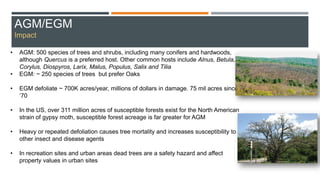 • AGM: 500 species of trees and shrubs, including many conifers and hardwoods,
although Quercus is a preferred host. Other common hosts include Alnus, Betula,
Corylus, Diospyros, Larix, Malus, Populus, Salix and Tilia
• EGM: ~ 250 species of trees but prefer Oaks
• EGM defoliate ~ 700K acres/year, millions of dollars in damage. 75 mil acres since
‘70
• In the US, over 311 million acres of susceptible forests exist for the North American
strain of gypsy moth, susceptible forest acreage is far greater for AGM
• Heavy or repeated defoliation causes tree mortality and increases susceptibility to
other insect and disease agents
• In recreation sites and urban areas dead trees are a safety hazard and affect
property values in urban sites
AGM/EGM
Impact
 