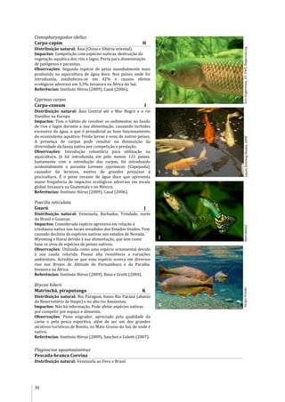 30
Ctenopharyngodon idellus
Carpa-capim H
Distribuição natural: Ásia (China e Sibéria oriental).
Impactos: Competição com espécies nativas, destruição da
vegetação aquática dos rios e lagos. Porta para disseminação
de patógenos e parasitas.
Observações: Segunda espécie de peixe mundialmente mais
produzida na aquicultura de água doce. Nos países onde foi
introduzida, estabeleceu-se em 42% e causou efeitos
ecológicos adversos em 3,3%. Invasora na África do Sul.
Referências: Instituto Hórus (2009), Casal (2006).
Cyprinus carpio
Carpa-comum I
Distribuição natural: Ásia Central até o Mar Negro e o rio
Danúbio na Europa
Impactos: Tem o hábito de revolver os sedimentos no fundo
de rios e lagos durante a sua alimentação, causando turbidez
excessiva da água, o que é prejudicial ao bom funcionamento
do ecossistema aquático. Preda larvas e ovos de outros peixes.
A presença de carpas pode resultar na diminuição da
diversidade da fauna nativa por competição e predação.
Observações: Introdução voluntária para utilização na
aquicultura. Já foi introduzida em pelo menos 121 países.
Juntamente com a introdução das carpas, foi introduzido
acidentalmente o parasita Lernaea cyprinacea (Copepoda),
causador da lerniose, motivo de grandes prejuízos à
piscicultura. É o peixe invasor de água doce que apresenta
maior frequência de impactos ecológicos adversos em escala
global. Invasora na Guatemala e no México.
Referências: Instituto Hórus (2009), Casal (2006).
Poecilia reticulata
Guarú J
Distribuição natural: Venezuela, Barbados, Trindade, norte
do Brasil e Guianas.
Impactos: Considerada espécie agressiva em relação à
ictiofauna nativa nos locais invadidos dos Estados Unidos. Tem
causado declínio de espécies nativas nos estados de Nevada,
Wyoming e Havaí devido à sua alimentação, que tem como
base os ovos de espécies de peixes nativos.
Observações: Utilizada como uma espécie ornamental devido
à sua cauda colorida. Possui alta resistência a variações
ambientais. Acredita-se que essa espécie ocorra em diversos
rios nos Brejos de Altitude de Pernambuco e da Paraíba.
Invasora na África.
Referências: Instituto Hórus (2009), Rosa e Groth (2004).
Brycon hilarii
Matrinchã, piraputanga K
Distribuição natural: Rio Paraguai, baixo Rio Paraná (abaixo
do Reservatório de Itaipu) e no alto rio Amazonas.
Impactos: Não há informação. Pode afetar espécies nativas
por competir por espaço e alimento.
Observações: Peixe migrador, apreciado pela qualidade da
carne e pela pesca esportiva, além de ser um dos grandes
atrativos turísticos de Bonito, no Mato Grosso do Sul, de onde é
nativo.
Referências: Instituto Hórus (2009), Sanches e Galetti (2007).
Plagioscion squamosissimus
Pescada-branca Corvina
Distribuição natural: Venezuela ao Peru e Brasil
SérgioVeludoMarrabbio2JamesDowling-Healey,ADWEricEngbretson,US-FWS,Bugwood.org
K
J
I
H
 