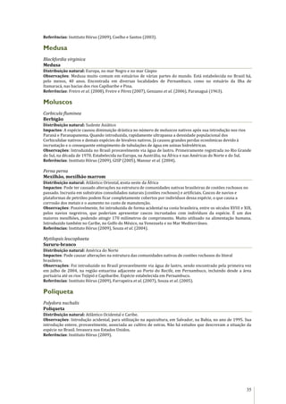 35
Referências: Instituto Hórus (2009), Coelho e Santos (2003).
Medusa
Blackfordia virginica
Medusa
Distribuição natural: Europa, no mar Negro e no mar Cáspio
Observações: Medusa muito comum em estuários de várias partes do mundo. Está estabelecida no Brasil há,
pelo menos, 40 anos. Encontrada em diversas localidades de Pernambuco, como no estuário da Ilha de
Itamaracá, nas bacias dos rios Capibaribe e Pina.
Referências: Freire et al. (2008), Freire e Pérez (2007), Genzano et al. (2006), Paranaguá (1963).
Moluscos
Corbicula fluminea
Berbigão
Distribuição natural: Sudeste Asiático
Impactos: A espécie causou diminuição drástica no número de moluscos nativos após sua introdução nos rios
Paraná e Paranapanema. Quando introduzida, rapidamente ultrapassa a densidade populacional dos
Corbiculidae nativos e demais espécies de bivalves nativos. Já causou grandes perdas econômicas devido à
incrustação e o consequente entupimento de tubulações de água em usinas hidrelétricas.
Observações: Introduzida no Brasil provavelmente via água de lastro. Primeiramente registrada no Rio Grande
do Sul, na década de 1970. Estabelecida na Europa, na Austrália, na África e nas Américas do Norte e do Sul.
Referências: Instituto Hórus (2009), GISP (2005), Mansur et al. (2004).
Perna perna
Mexilhão, mexilhão marrom
Distribuição natural: Atlântico Oriental, costa oeste da África
Impactos: Pode ter causado alterações na estrutura de comunidades nativas brasileiras de costões rochosos no
passado. Incrusta em substratos consolidados naturais (costões rochosos) e artificiais. Cascos de navios e
plataformas de petróleo podem ficar completamente cobertos por indivíduos dessa espécie, o que causa a
corrosão dos metais e o aumento no custo de manutenção.
Observações: Possivelmente, foi introduzida de forma acidental na costa brasileira, entre os séculos XVIII e XIX,
pelos navios negreiros, que poderiam apresentar cascos incrustados com indivíduos da espécie. É um dos
maiores mexilhões, podendo atingir 170 milímetros de comprimento. Muito utilizado na alimentação humana.
Introduzido também no Caribe, no Golfo do México, na Venezuela e no Mar Mediterrâneo.
Referências: Instituto Hórus (2009), Souza et al. (2004).
Mytilopsis leucophaeta
Sururu-branco
Distribuição natural: América do Norte
Impactos: Pode causar alterações na estrutura das comunidades nativas de costões rochosos do litoral
brasileiro.
Observações: Foi introduzido no Brasil provavelmente via água de lastro, sendo encontrado pela primeira vez
em julho de 2004, na região estuarina adjacente ao Porto do Recife, em Pernambuco, incluindo desde a área
portuária até os rios Tejipió e Capibaribe. Espécie estabelecida em Pernambuco.
Referências: Instituto Hórus (2009), Farrapeira et al. (2007), Souza et al. (2005).
Poliqueta
Polydora nuchalis
Poliqueta
Distribuição natural: Atlântico Ocidental e Caribe.
Observações: Introdução acidental, para utilização na aquicultura, em Salvador, na Bahia, no ano de 1995. Sua
introdução esteve, provavelmente, associada ao cultivo de ostras. Não há estudos que descrevam a situação da
espécie no Brasil. Invasora nos Estados Unidos.
Referências: Instituto Hórus (2009).
 