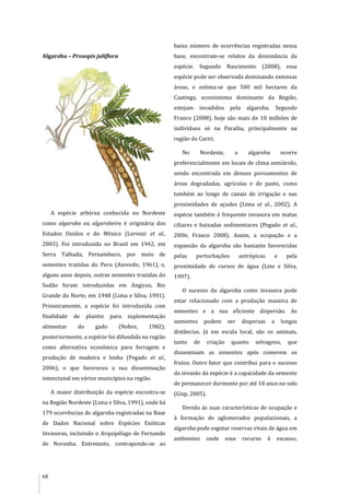 68
Algaroba – Prosopis juliflora
A espécie arbórea conhecida no Nordeste
como algaroba ou algarobeira é originária dos
Estados Unidos e do México (Lorenzi et al.,
2003). Foi introduzida no Brasil em 1942, em
Serra Talhada, Pernambuco, por meio de
sementes trazidas do Peru (Azevedo, 1961), e,
alguns anos depois, outras sementes trazidas do
Sudão foram introduzidas em Angicos, Rio
Grande do Norte, em 1948 (Lima e Silva, 1991).
Primeiramente, a espécie foi introduzida com
finalidade de plantio para suplementação
alimentar do gado (Nobre, 1982);
posteriormente, a espécie foi difundida na região
como alternativa econômica para forragem e
produção de madeira e lenha (Pegado et al.,
2006), o que favoreceu a sua disseminação
intencional em vários municípios na região.
A maior distribuição da espécie encontra-se
na Região Nordeste (Lima e Silva, 1991), onde há
179 ocorrências de algaroba registradas na Base
de Dados Nacional sobre Espécies Exóticas
Invasoras, incluindo o Arquipélago de Fernando
de Noronha. Entretanto, contrapondo-se ao
baixo número de ocorrências registradas nessa
base, encontram-se relatos da dominância da
espécie. Segundo Nascimento (2008), essa
espécie pode ser observada dominando extensas
áreas, e estima-se que 500 mil hectares da
Caatinga, ecossistema dominante da Região,
estejam invadidos pela algaroba. Segundo
Franco (2008), hoje são mais de 10 milhões de
indivíduos só na Paraíba, principalmente na
região do Cariri.
No Nordeste, a algaroba ocorre
preferencialmente em locais de clima semiárido,
sendo encontrada em densos povoamentos de
áreas degradadas, agrícolas e de pasto, como
também ao longo de canais de irrigação e nas
proximidades de açudes (Lima et al., 2002). A
espécie também é frequente invasora em matas
ciliares e baixadas sedimentares (Pegado et al.,
2006; Franco 2008). Assim, a ocupação e a
expansão da algaroba são bastante favorecidas
pelas perturbações antrópicas e pela
proximidade de cursos de água (Lins e Silva,
1997).
O sucesso da algaroba como invasora pode
estar relacionado com a produção massiva de
sementes e a sua eficiente dispersão. As
sementes podem ser dispersas a longas
distâncias. Já em escala local, são os animais,
tanto de criação quanto selvagens, que
disseminam as sementes após comerem os
frutos. Outro fator que contribui para o sucesso
da invasão da espécie é a capacidade da semente
de permanecer dormente por até 10 anos no solo
(Gisp, 2005).
Devido às suas características de ocupação e
à formação de aglomerados populacionais, a
algaroba pode esgotar reservas vitais de água em
ambientes onde esse recurso é escasso,
 