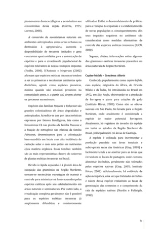 71
promoverem danos ecológicos e econômicos aos
ecossistemas dessa região (Corrêa, 1975;
Lorenzi, 2008).
A conversão de ecossistemas naturais em
ambientes antropizados, como áreas urbanas ou
destinadas à agropecuária, aumenta a
disponibilidade de recursos limitados e gera
constantes oportunidades para a colonização de
espécies e para o crescimento populacional de
espécies tolerantes às novas condições impostas
(Hobbs, 2000). D’Antonio e Meyerson (2002)
afirmam que espécies exóticas invasoras tendem
a ser as primeiras a recolonizar ambientes após
distúrbios, agindo como espécies pioneiras,
mesmo quando não estavam presentes na
comunidade antes, e, a partir daí, devem alterar
os processos sucessionais.
Espécies das famílias Poaceae e Fabaceae são
grandes colonizadoras de áreas degradadas e
antropizadas. Acredita-se que por características
expressas por fatores fisiológicos, tais como a
fotossíntese C4 nas plantas da família Poaceae e
a fixação de nitrogênio nas plantas da família
Fabaceae, determinantes para a colonização
bem-sucedida em locais com alta incidência de
radiação solar e com solo pobre em nutrientes
e/ou matéria orgânica. Essas famílias também
são as mais representativas dentro do universo
de plantas exóticas invasoras no Brasil.
Devido à rápida expansão e à grande área de
ocupação das gramíneas na Região Nordeste,
tornam-se necessárias estratégias de manejo e
controle para minimizar os danos causados pelas
espécies exóticas após seu estabelecimento em
áreas naturais e seminaturais. Por outro lado, a
erradicação completa geralmente não é possível
para as espécies exóticas invasoras já
amplamente difundidas e constantemente
utilizadas. Então, o desenvolvimento de práticas
para a redução da expansão e o estabelecimento
de novas populações e, consequentemente, dos
seus impactos negativos no ambiente são
considerados como medidas alternativas de
controle das espécies exóticas invasoras (IUCN,
2000).
Seguem, abaixo, informações sobre algumas
das gramíneas exóticas invasoras presentes em
áreas naturais da Região Nordeste.
Capim-búfalo – Cenchrus ciliaris
Conhecida popularmente como capim-búfalo,
essa espécie, originária da África, do Oriente
Médio e da Índia, foi introduzida no Brasil em
1952, em São Paulo, objetivando-se a produção
de forragem e pasto para criações de gado
(Instituto Hórus, 2009). Como não se obteve
sucesso em São Paulo, foi levada para a Região
Nordeste, onde atualmente é considerada a
espécie de maior potencial forrageiro.
Atualmente, há registros de invasão da espécie
em todos os estados da Região Nordeste do
Brasil, principalmente em áreas de Caatinga.
A espécie é utilizada para incrementar a
produção pecuária nas áreas tropicais e
subtropicais secas das Américas (Gisp, 2005) e
facilmente tende a se alastrar para as áreas que
circundam os locais de pastagem, onde costuma
alimentar incêndios, geralmente não tolerados
pelas espécies nativas (Gisp, 2005; Instituto
Hórus, 2009). Adicionalmente, há evidência de
ação alelopática, uma vez que lixiviados de folhas
e raízes dessa espécie reduziram as taxas de
germinação das sementes e o comprimento da
raiz de espécies nativas (Nurdin e Fulbrigth,
1990).
 