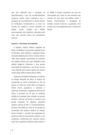 74
têm sido utilizadas para a produção de
biocombustíveis e que são reconhecidamente
invasoras. Sendo assim, entende-se que a
produção do biocombustível no Brasil deveria
ser estimulada considerando-se os riscos de
invasão das espécies a serem cultivadas em
grande escala, visando um melhor
aproveitamento dos benefícios oferecidos pelo
setor sem acarretar danos aos ecossistemas
naturais.
Jaqueira – Artocarpus heterophyllus
A jaqueira, espécie arbórea originária da
Índia e da Malásia, é encontrada ocupando áreas
de florestas, onde substitui a vegetação nativa,
reduzindo hábitats para a flora e a fauna nativas.
Além disso, impede a germinação de sementes
das espécies nativas por ação alelopática. Essa
espécie adapta-se facilmente a uma grande
diversidade de ambientes, e seus frutos servem
como alimento para muitas espécies de animais
nativos (Gisp, 2005; Instituto Hórus, 2009).
A jaqueira tem papel de destaque no contexto
do Parque Nacional da Tijuca. A espécie foi
introduzida no Brasil exatamente no Rio de
Janeiro, no início do século XIX e, ao longo do
último século, expandiu-se e colonizou o
ambiente, dominando a vegetação da Floresta da
Tijuca. A previsão era de que, se nenhuma
medida de contenção fosse tomada, em poucas
décadas a floresta do Parque se tornaria uma
grande plantação de jaqueiras, perdendo
espécies nativas da flora e, consequentemente,
da fauna. Em 2000, por meio de um projeto de
erradicação das espécies exóticas do Parque,
foram iniciados o controle das populações de
jaqueiras, além de outras plantas exóticas, e sua
progressiva substituição por espécies nativas,
entre elas o palmiteiro (Euterpe edulis; Santos et
al., 2008). O projeto, entretanto, teve que ser
interrompido por conta de uma denúncia que
resultou em uma ação civil pública contra o
Parque. Provavelmente, a divulgação do
trabalho, visando esclarecer a população, teria
evitado esse constrangimento para a direção do
Parque.
 