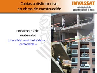 Caídas a distinto nivel
en obras de construcción

Por acopios de
materiales
(previsibles y minimizables y
controlables)

 