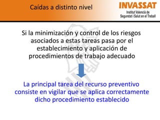 Caídas a distinto nivel

Si la minimización y control de los riesgos
asociados a estas tareas pasa por el
establecimiento y aplicación de
procedimientos de trabajo adecuado

La principal tarea del recurso preventivo
consiste en vigilar que se aplica correctamente
dicho procedimiento establecido

 