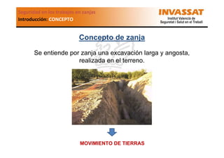 Seguridad en los trabajos en zanjas
Introducción: CONCEPTO

Concepto de zanja
Se entiende por zanja una excavación larga y angosta,
realizada en el terreno.

MOVIMIENTO DE TIERRAS

 