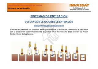 Seguridad en los trabajos en zanjas
Sistemas de entibación

SISTEMAS DE ENTIBACIÓN
COLOCACIÓN DE CAJONES DE ENTIBACIÓN
Método descenso escalonado
Consiste en presionar las planchas a uno y otro lado de la entibación, alternando el descenso
con la excavación y retirada del suelo. El avance en el descenso no debe exceder 0,5 m del
borde inferior de la plancha..

 