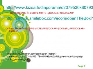 http://www.kizoa.fr/diaporama/d2379530k80793
   COLABORARE ÎN ECHIPE MIXTE ȘCOLARI-PREȘCOLARI

http://secure.smilebox.com/ecom/openTheBox?s

COLABORARE ÎN ECHIPE MIXTE PREȘCOLARI-ȘCOLARI, PREȘCOLARI-
  FAMILIE




 http://secure.smilebox.com/ecom/openTheBox?
 sendevent=4d7a45314d5451784e44593d0d0a&blogview=true&campaign
 =blog_playback_link

                                                         Page 9
 