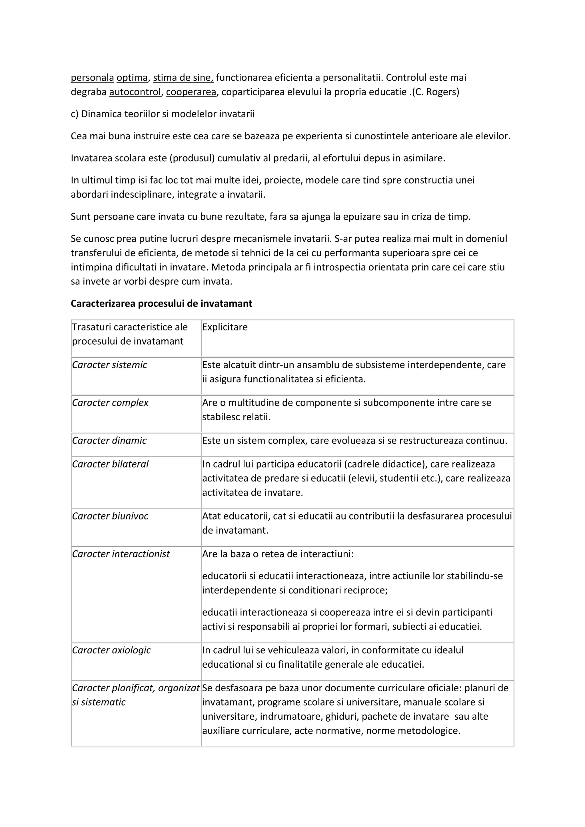 personala optima, stima de sine, functionarea eficienta a personalitatii. Controlul este mai
degraba autocontrol, cooperarea, coparticiparea elevului la propria educatie .(C. Rogers)
c) Dinamica teoriilor si modelelor invatarii
Cea mai buna instruire este cea care se bazeaza pe experienta si cunostintele anterioare ale elevilor.
Invatarea scolara este (produsul) cumulativ al predarii, al efortului depus in asimilare.
In ultimul timp isi fac loc tot mai multe idei, proiecte, modele care tind spre constructia unei
abordari indesciplinare, integrate a invatarii.
Sunt persoane care invata cu bune rezultate, fara sa ajunga la epuizare sau in criza de timp.
Se cunosc prea putine lucruri despre mecanismele invatarii. S-ar putea realiza mai mult in domeniul
transferului de eficienta, de metode si tehnici de la cei cu performanta superioara spre cei ce
intimpina dificultati in invatare. Metoda principala ar fi introspectia orientata prin care cei care stiu
sa invete ar vorbi despre cum invata.
Caracterizarea procesului de invatamant
Trasaturi caracteristice ale
procesului de invatamant
Explicitare
Caracter sistemic Este alcatuit dintr-un ansamblu de subsisteme interdependente, care
ii asigura functionalitatea si eficienta.
Caracter complex Are o multitudine de componente si subcomponente intre care se
stabilesc relatii.
Caracter dinamic Este un sistem complex, care evolueaza si se restructureaza continuu.
Caracter bilateral In cadrul lui participa educatorii (cadrele didactice), care realizeaza
activitatea de predare si educatii (elevii, studentii etc.), care realizeaza
activitatea de invatare.
Caracter biunivoc Atat educatorii, cat si educatii au contributii la desfasurarea procesului
de invatamant.
Caracter interactionist Are la baza o retea de interactiuni:
educatorii si educatii interactioneaza, intre actiunile lor stabilindu-se
interdependente si conditionari reciproce;
educatii interactioneaza si coopereaza intre ei si devin participanti
activi si responsabili ai propriei lor formari, subiecti ai educatiei.
Caracter axiologic In cadrul lui se vehiculeaza valori, in conformitate cu idealul
educational si cu finalitatile generale ale educatiei.
Caracter planificat, organizat
si sistematic
Se desfasoara pe baza unor documente curriculare oficiale: planuri de
invatamant, programe scolare si universitare, manuale scolare si
universitare, indrumatoare, ghiduri, pachete de invatare sau alte
auxiliare curriculare, acte normative, norme metodologice.
 