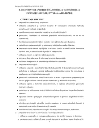 Anexa nr. 2 la OMECTS nr. 5620/ 11.11.2010
3
B. COMPETENłELE SPECIFICE ÎNVĂłĂTORULUI/ INSTITUTORULUI/
PROFESORULUI PENTRU ÎNVĂłĂMÂNTUL PRIMAR
COMPETENłE SPECIFICE
a) CompetenŃe de comunicare şi relaŃionare:
• utilizarea conceptelor şi teoriilor moderne de comunicare: orizontală/ verticală,
complexă, diversificată şi specifică;
• manifestarea comportamentului empatic şi a „orientării helping”;
• proiectarea, conducerea şi realizarea procesului instructiv-educativ, ca un act de
comunicare;
• facilitarea comunicării învăŃător/ institutor-copii-părinŃi-alte cadre didactice;
• valorificarea metacomunicării în optimizarea relaŃiilor între cadre didactice;
• exprimarea orală cursivă, înŃelegerea şi utilizarea corectă a semnificaŃiilor structurilor
verbale/ orale, a semnificaŃiilor mijlocite de limbajul scris;
• utilizarea creativă şi expresivă a limbajului oral;
• accesarea diverselor surse de informare în scopul documentării;
• derularea unor proiecte de parteneriat şcoală-familie-comunitate.
b) CompetenŃe metodologice:
• utilizarea adecvată a cunoştinŃelor de didactică generală, de didacticile disciplinelor, de
psihologie şi pedagogie şcolară/ pedagogia învăŃământului primar în proiectarea şi
desfăşurarea activităŃii didactice cu copiii;
• proiectarea conŃinuturilor instructiv-educative în acord cu prevederile programei şi cu
nivelul grupei/ clasei la care învăŃătorul/ institutorul îşi desfăşoară activitatea;
• utilizarea optimă a factorilor spaŃio-temporali, în vederea eficientizării procesului
instructiv-educativ;
• proiectarea şi utilizarea de strategii didactice eficiente în procesul de predare-învăŃare-
evaluare;
• aplicarea corectă a pedagogiei învăŃământului primar în procesul de predare-învăŃare-
evaluare;
• abordarea praxiologică a teoriilor cognitive moderne, în vederea stimulării, formării şi
dezvoltării capacităŃilor de cunoaştere ale elevului;
• manifestarea unei conduite metodologice flexibile şi inovative în plan profesional.
c) CompetenŃe de evaluare şi autoevaluare a activităŃii didactice:
• utilizarea conceptelor cu care operează evaluarea şi a teoriilor moderne în domeniu;
• proiectarea unei evaluări eficiente, organic integrată în activitatea instructiv-educativă;
 