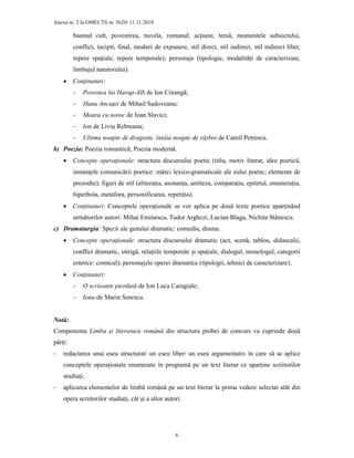 Anexa nr. 2 la OMECTS nr. 5620/ 11.11.2010
6
basmul cult, povestirea, nuvela, romanul; acŃiune, temă, momentele subiectului,
conflict, incipit, final, moduri de expunere, stil direct, stil indirect, stil indirect liber,
repere spaŃiale, repere temporale); personaje (tipologie, modalităŃi de caracterizare,
limbajul naratorului).
• ConŃinuturi:
- Povestea lui Harap-Alb de Ion Creangă;
- Hanu AncuŃei de Mihail Sadoveanu;
- Moara cu noroc de Ioan Slavici;
- Ion de Liviu Rebreanu;
- Ultima noapte de dragoste, întâia noapte de război de Camil Petrescu.
b) Poezia: Poezia romantică; Poezia modernă.
• Concepte operaŃionale: structura discursului poetic (titlu, motiv literar, idee poetică,
instanŃele comunicării poetice: mărci lexico-gramaticale ale eului poetic; elemente de
prozodie); figuri de stil (aliteraŃia, asonanŃa, antiteza, comparaŃia, epitetul, enumeraŃia,
hiperbola, metafora, personificarea, repetiŃia).
• ConŃinuturi: Conceptele operaŃionale se vor aplica pe două texte poetice aparŃinând
următorilor autori: Mihai Eminescu, Tudor Arghezi, Lucian Blaga, Nichita Stănescu.
c) Dramaturgia: Specii ale genului dramatic: comedia, drama.
• Concepte operaŃionale: structura discursului dramatic (act, scenă, tablou, didascalii,
conflict dramatic, intrigă, relaŃiile temporale şi spaŃiale, dialogul, monologul, categorii
estetice: comicul); personajele operei dramatice (tipologii, tehnici de caracterizare);
• ConŃinuturi:
- O scrisoare pierdută de Ion Luca Caragiale;
- Iona de Marin Sorescu.
Notă:
Componenta Limba şi literatura română din structura probei de concurs va cuprinde două
părŃi:
- redactarea unui eseu structurat/ un eseu liber/ un eseu argumentativ în care să se aplice
conceptele operaŃionale enumerate în programă pe un text literar ce aparŃine scriitorilor
studiaŃi;
- aplicarea elementelor de limbă română pe un text literar la prima vedere selectat atât din
opera scriitorilor studiaŃi, cât şi a altor autori.
 