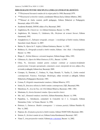 Anexa nr. 2 la OMECTS nr. 5620/ 11.11.2010
7
BIBLIOGRAFIE PENTRU DISCIPLINA LIMBA ŞI LITERATURA ROMÂNĂ
• ***DicŃionarul literaturii române de la origini până la 1900, Bucureşti,1979.
• ***DicŃionarul scriitorilor români, coordonator Mircea Zaciu, Editura Albatros, 2002.
• ***Manual de limba română, profil pedagogic, Editura Didactică şi Pedagogică,
Bucureşti, ediŃia 1975-1986.
• Academia Română, DOOM, ediŃia a II-a, Bucureşti, 2005.
• Anghelescu, M., Clasicii noștri, Editura Eminescu, București, 1996.
• Anghelescu, M., Ionescu, C., Lăzărescu, Gh., DicŃionar de termeni literari, Editura
Garamond, 1995.
• Aranghelovici, C., Îndreptar ortografic, ortoepic și morfologic al limbii române, Editura
Saeculum vizual, București, 2007.
• Balota, N., Opera lui T. Arghezi, Editura Eminescu, București, 1982.
• Beldescu, G., Ortografia actuală a limbii române, Editura știinșifică și Enciclopedică,
București, 1984.
• Braga, C., Nichita Stănescu: orizontul imaginar, Editura Imago, Sibiu, 1993.
• Călinescu, G., Opera lui Mihai Eminescu, E.P.L., București,1969.
• Chiru, N., Literatura română pentru evaluare continuă şi examene-învăŃământ
preuniversitar. Concepte operaŃionale, comentarii, eseuri, interpretări de text, ediŃia a II-a,
revizuită şi adăugită, Editura Icar, Bucureşti, 2009.
• Ciompec, G., Dominte, C., Forăscu, N., GuŃu, Romalo, V., Vasiliu, E., Limba română
contemporană. Fonetica. Fonologia. Morfologia, ediŃie revizuită şi adăugită, Editura
Didactică şi Pedagogică, Bucureşti, 1985.
• Cornea, P., Originile romantismului românesc, Editura Minerva, 1972.
• Irimia, D., Structura stilistică a limbii române contemporane, EŞE, Bucureşti,1986.
• Manolescu, N., Arca lui Noe, vol. I-II, Editura Minerva, Bucureşti, 1980 - 1981.
• Munteanu, G., Istoria literaturii române. Epoca marilor clasici.
• Mușat,C., Romanul românesc interbelic, Editura Humanitas, București, 1998.
• Papadima, L., Introducere, comentarii la Comediile lui I. L. Caragiale, Editura
Humanitas, Colecșia Tezaur, București, 1996.
• Petrescu, I., Eminescu. Modele cosmogonice și viziunea poetică, Editura Paralela 45,
Pitești, 2002.
• Popescu, Şt., Gramatica practică a limbii române, Editura TEDIT FZH, Bucureşti, 2001.
• Simion, E., Scriitori români de azi, Editura Cartea Românească, Bucureşti, 1987.
• Vianu T., Arta prozatorilor români, Editura100+1 GRAMAR, București, 2002.
 