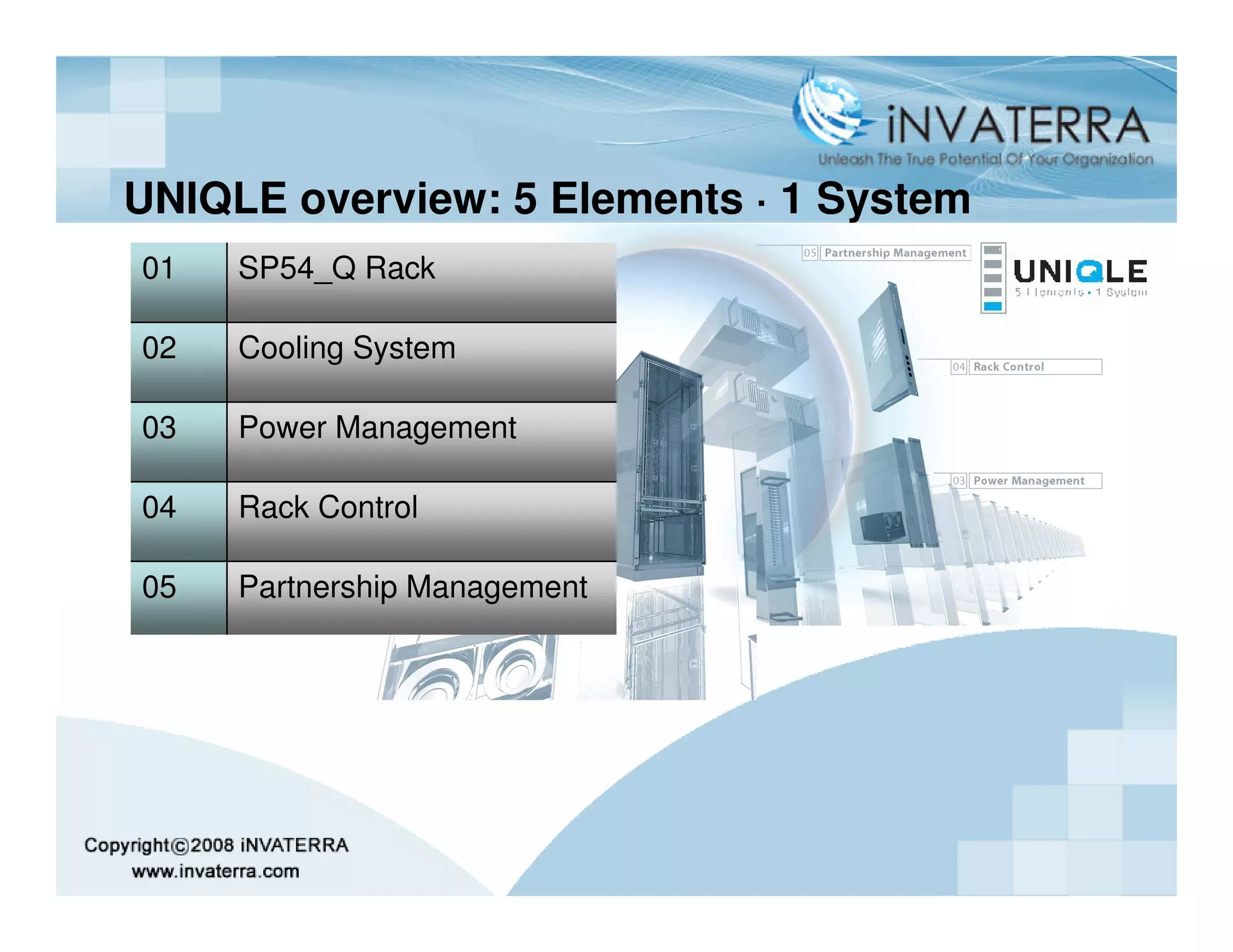 UNIQLE overview: 5 Elements · 1 System
01   SP54_Q Rack

02   Cooling System

03   Power Management

04   Rack Control

05   Partnership Management
 