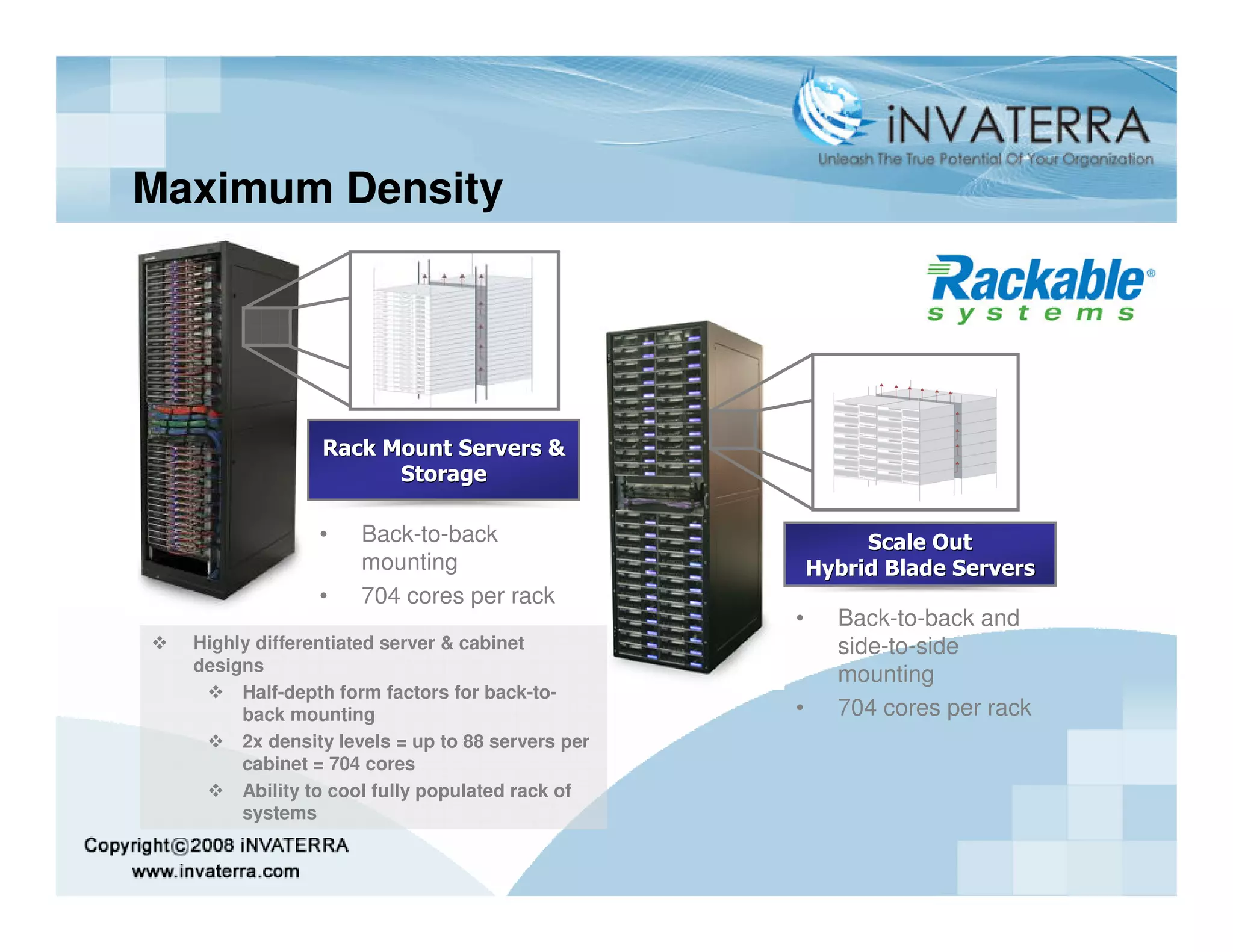 Maximum Density




                Rack Mount Servers &
                      Storage

                •    Back-to-back                          Scale Out
                     mounting                         Hybrid Blade Servers
                •    704 cores per rack
                                                  •     Back-to-back and
  Highly differentiated server & cabinet                side-to-side
  designs
                                                        mounting
       Half-depth form factors for back-to-
       back mounting                              •     704 cores per rack
       2x density levels = up to 88 servers per
       cabinet = 704 cores
       Ability to cool fully populated rack of
       systems
 